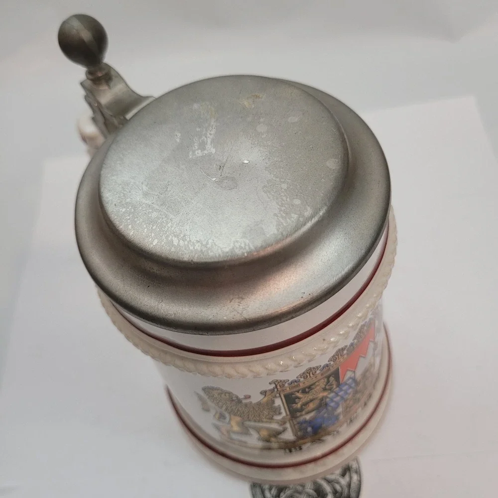 Gerz Beer Stein Bayern Bavaria Coat of Arms Lions Pewter Lid West Germany 6in
